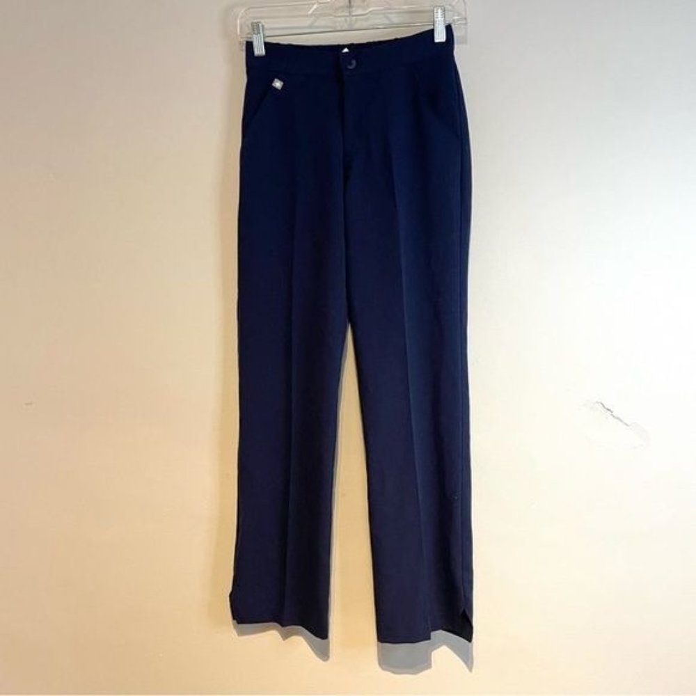 FIGS KEROKA SCRUB TECHNICAL COLLECTION STRAIGHT WIDE LEG BUTTON FRONT PANTS NAVY